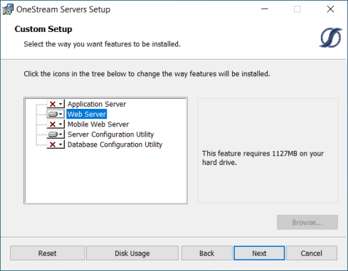 Select the way to install features Custom setup showing Web Server selected